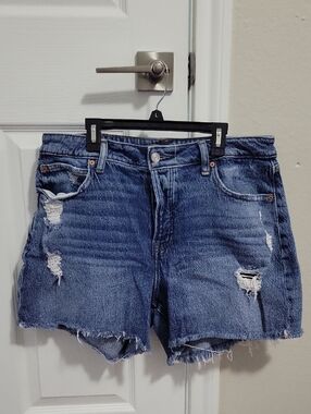 Distressed High-Rise Denim Shorts in Blue